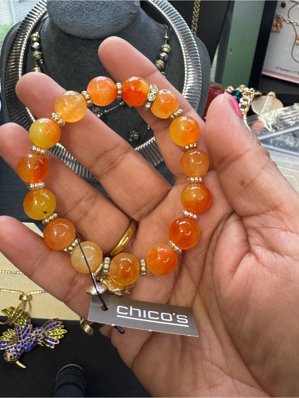 Chico's Orange and Yellow Agate Beaded Stretch Bracelet with Gold Accents
